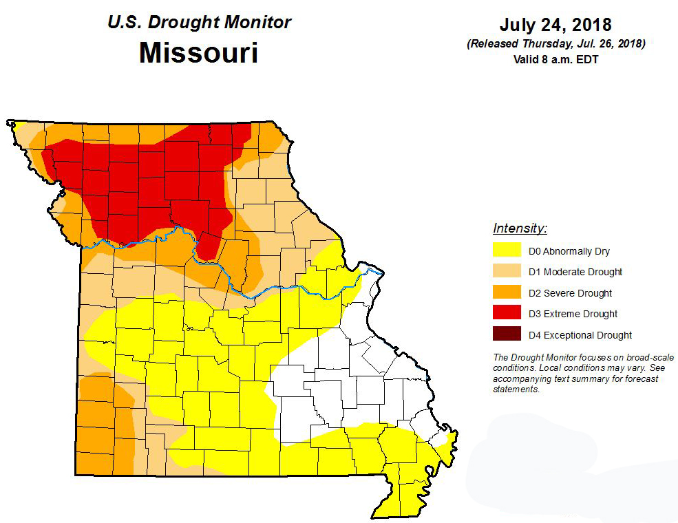 Drought map of Missouri released 7-26-18