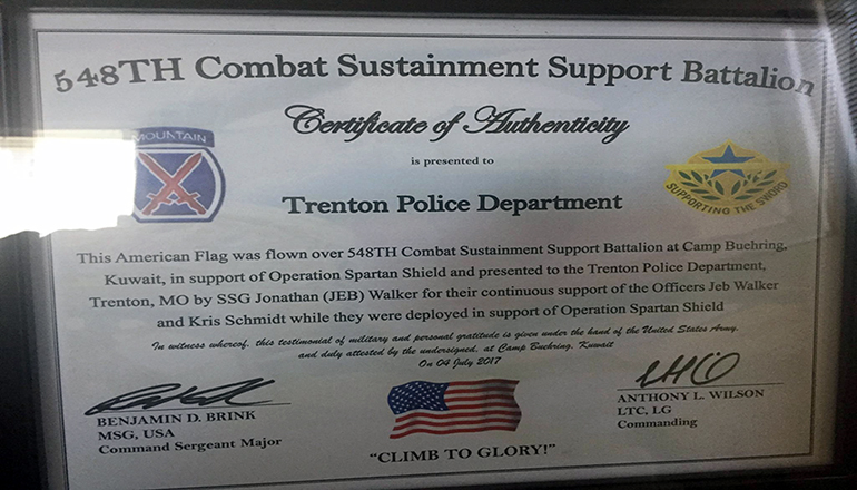 Trenton Police Department Receives U S Flag Flown Over Camp In Kuwait