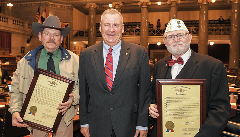 Pictured left to right are: David Leon Lewis, United States Navy; Rep. Nate Walker and Thomas Chester Yunick, United States Air Force, two Vietnam Veteran heroes from the 3rd District in House Chambers who were recently honored at the Missouri State Capitol.