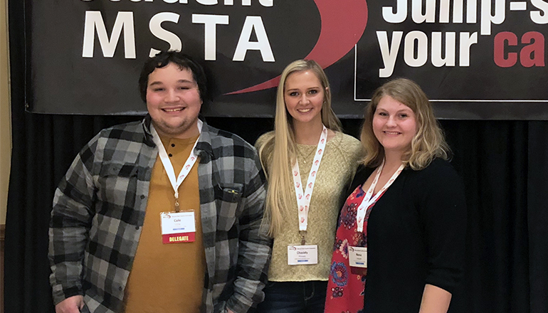 NCMC Teacher Education students (L to R) Cole Little, Chasidy Finney, and Nesa Leeper recently attended the Student Missouri State Teachers Association leadership meeting in Columbia, Missouri.