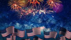 Celebrating the 4th of July, Independence Day, fireworks and flags