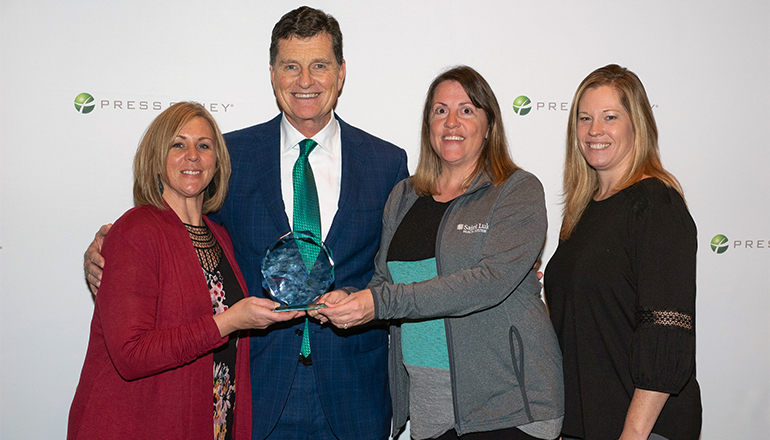 Jennifer Dixon, Director of Nursing at Wright Memorial Hospital, Angie Snyder, Manager of Quality and Risk at Wright Memorial Hospital, and Julie Johnson, Infection Control and Quality Resource Analyst at Wright Memorial Hospital, accepted the 2019 Guardian of Excellence Award for Wright Memorial Hospital from Press Ganey’s Executive Chairman, Patrick T. Ryan at the Press Ganey National Client Conference in Orlando, Florida.