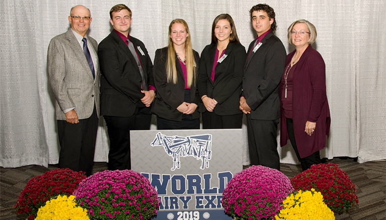 Missouri 4-H Dairy Judging Team includes, from left, Ted Probert, coach; Blake Wright; Hala Edquist; Bailey Groves; Nicolas Dotson; and Karla Deaver, coach