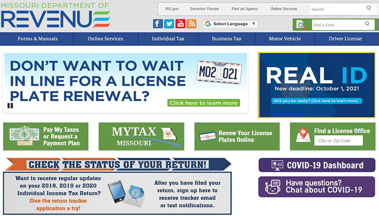 Missouri Department of Revenue website 2021