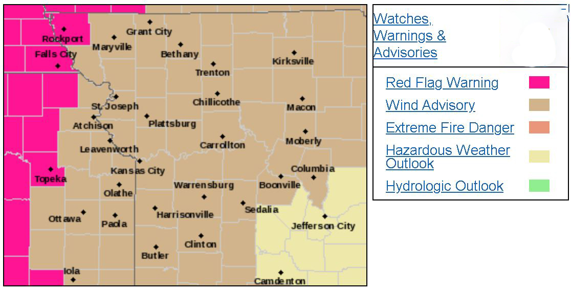 Wind Advisory for northern Missouri in place until 6 pm Wednesday