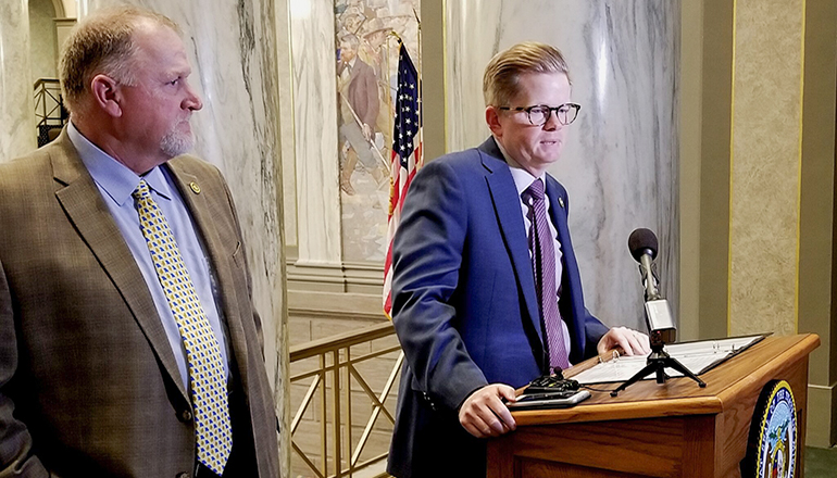 Senate President Pro Tem Dave Schatz, left, listens to an answer from Senate Majority Leader Caleb Rowden (Rudi Keller/Missouri Independent).