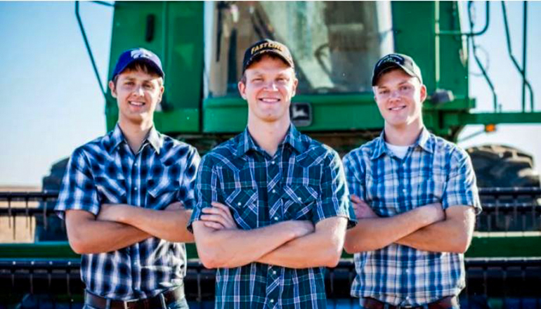 Brothers Kendal, Greg and Nathan Peterson, from left, create farm-themed parodies of popular songs to teach people about agriculture. Nathan and Greg will perform and discuss modern farming this weekend at the Orange County Fair in Costa Mesa. (Photo Courtesy of Peterson family)