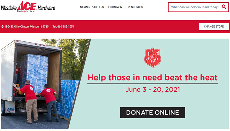 Westlake Hardware Salvation Army section of website