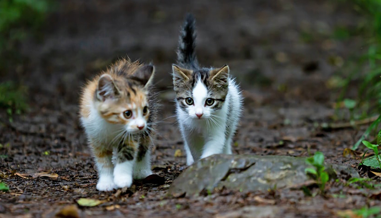 Kittens (cats) walking on a path