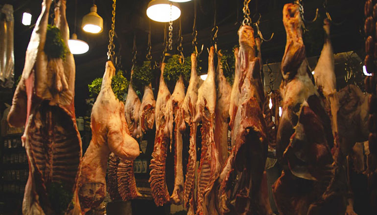 Meat hanging in a freezer