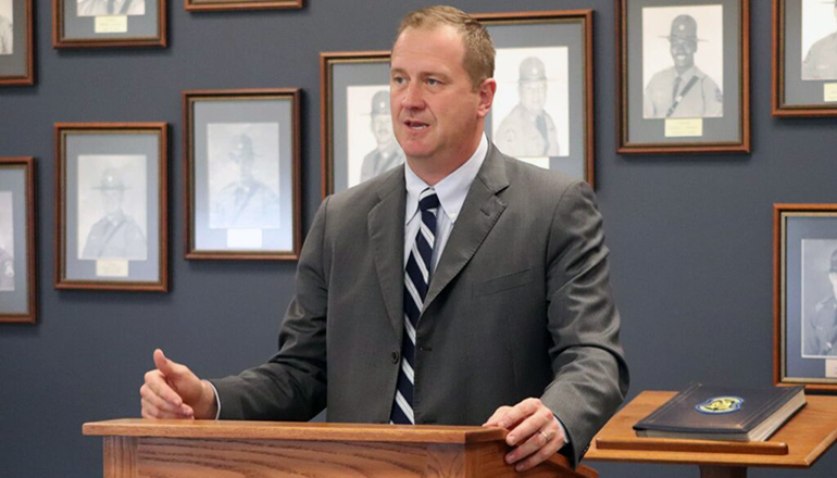 Missouri Attorney General Eric Schmitt speaks to a gathering of Missouri Highway Patrol officers in April 2021 (photo courtesy of the attorney general’s office)