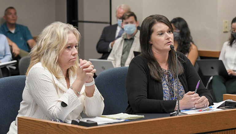Acting Department of Social Services Director Jennifer Tidball and Interim Children’s Division Director Joanie Rogers testify during a House Children and Families Committee hearing
