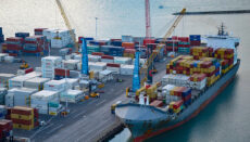 Cargo or container ship docked for unloading