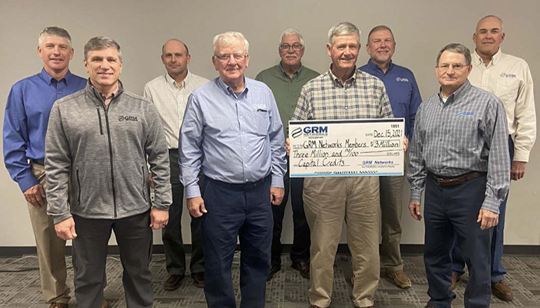 GRM Networks Board of Directors. Back row from left to right are Assistant Secretary Ray Meyer, Mike Quick, Secretary Bruce George, Tim Lance and Allan Mulnix. Front row from left to right Kyle Kelso, Vice President Mark Yungeberg, President Gregg Davis and Treasurer John McCloud.