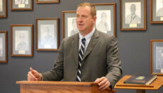 Missouri Attorney General Eric Schmitt speaks to a gathering of Missouri Highway Patrol officers in April 2021 (photo courtesy of the attorney general’s office)