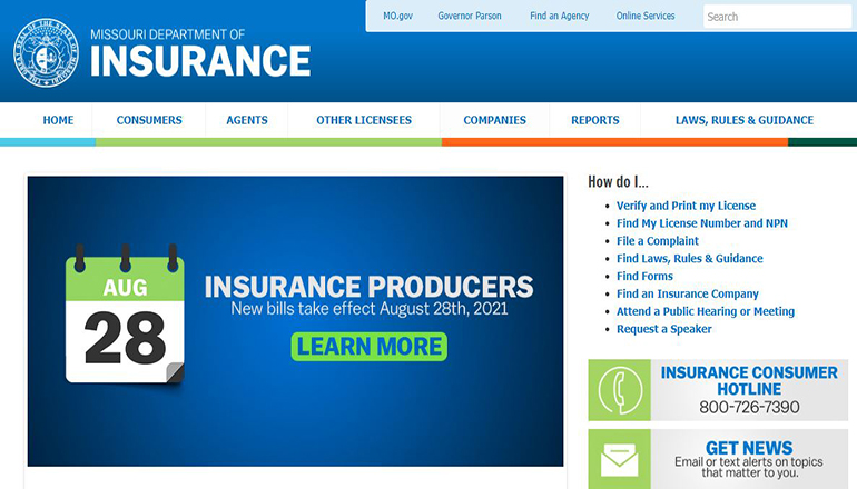 Missouri Department of Insurance website