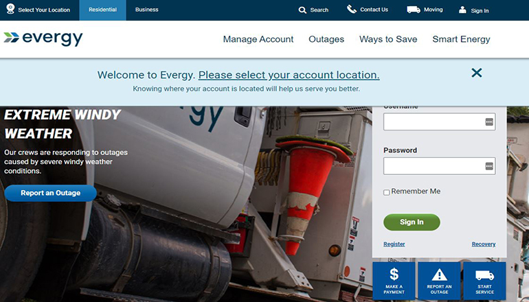 Screenshot of the Evergy website