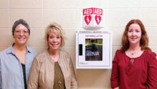 NCMC Nursing Instructors (L to R) Ashley Lamma, Sue Nichols, and Kelly Claycomb with the recently donated AED for Cross Hall.