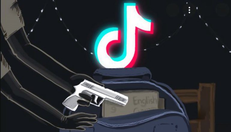 TikTok logo with gun and school bag