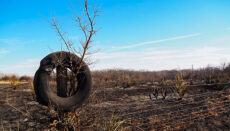 A partially melted tire hangs on a tree near Paradise, Kansas. The surrounding land was scorched by a wildfire in December 2021