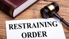 Law book with gavel and document labeled Restraining Order on a desk