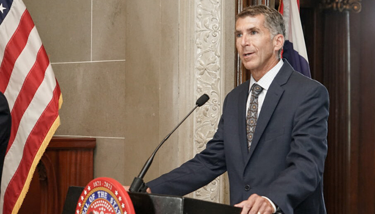 Donald Kauerauf, the director of the Department of Health and Senior Services, speaks during a press conference at the Missouri Capitol in Jefferson City on July 21, 2021