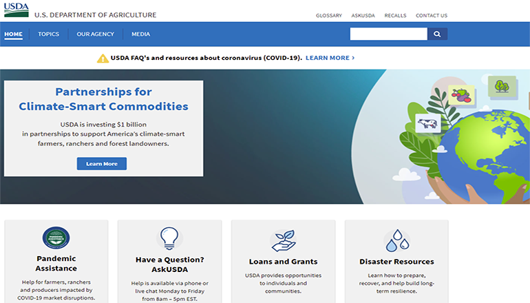 Screenshot of USDA or United States Department of Agriculture website