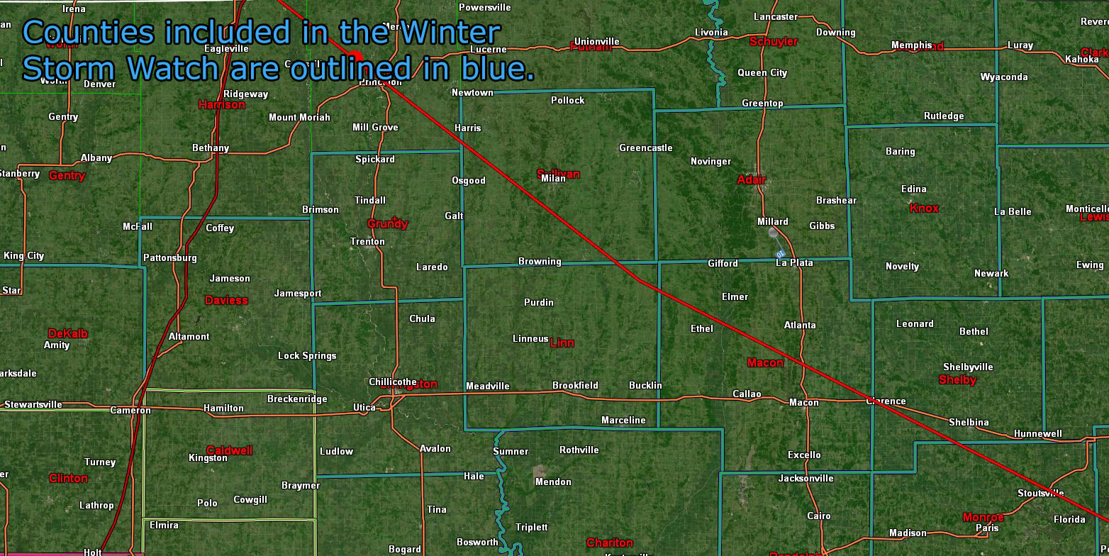 Winter Storm Watch Outlined In Blue