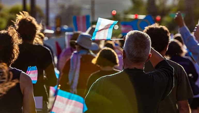 Marchers with Trans Support Flags at Rally