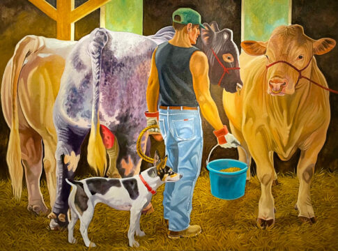 Three Bulls, Man, Dog by Nora Othic