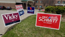 Yard signs for GOP Senate candidates greet Republicans attending Boone County Lincoln Days Friday in Columbia (Rudi Keller - Missouri Independent)