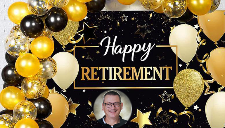 Happy Retirement black and gold balloons with Kris Ockenfels photo