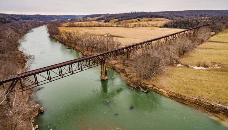 The Pratt truss deck bridge built in 1902 by the Rock Island Railroad over the Gasconade River (Photo courtesy of Steve Jett via Missouri Independent)