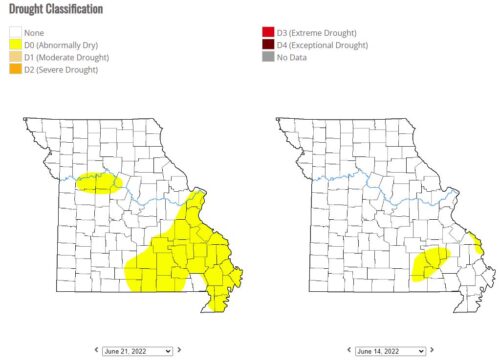Drought Map of Missouri Comparing the week of June 14 to June 22, 2022