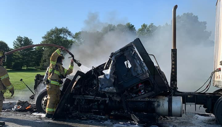 18 wheeler destroyed by fire on Highway 36