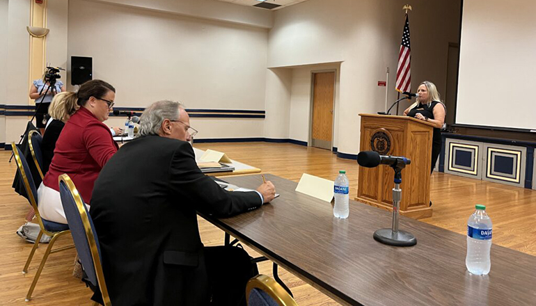 Jackee Collins testifies to Teacher Recruitment and Retention Commission (Photo courtesy Tessa Weinberg - Missouri Independent)