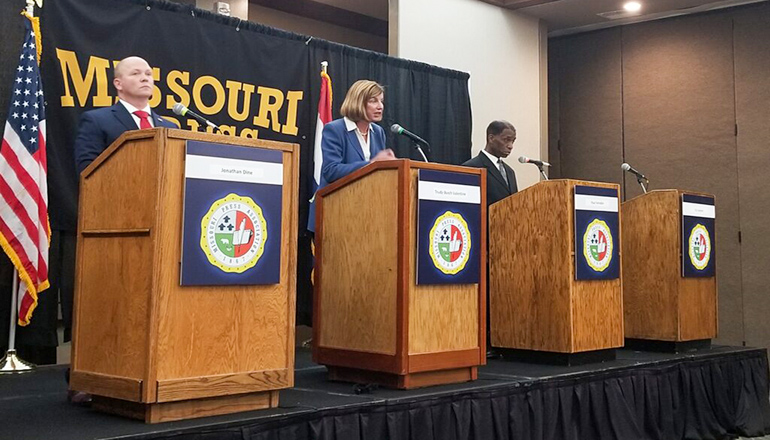 Missouri Senate candidates debate before publishers and editors Friday at the Missouri Press Association convention at the Lake of the Ozarks (Photo by Rudi Keller - Missouri Independent).