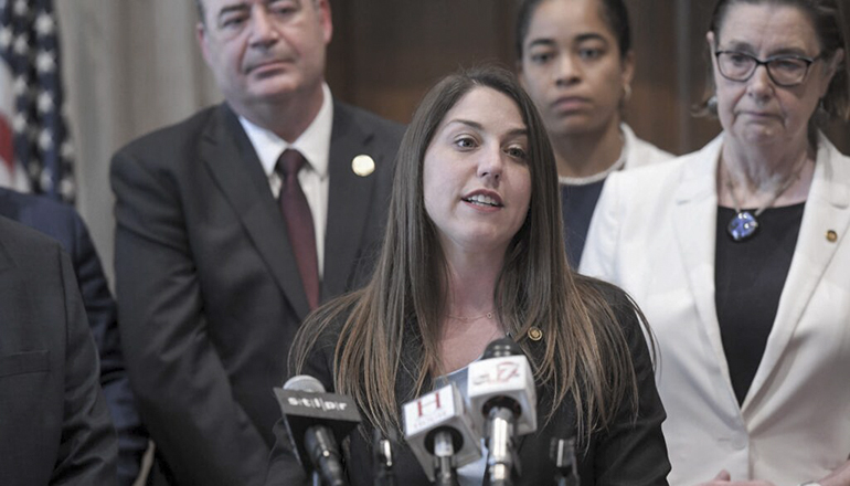 House Minority Leader Crystal Quade, D-Springfield, answers questions during a press conference (Photo by Tim Bommel - Missouri House Communications)