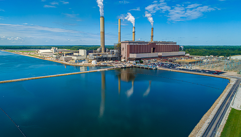 Overhead view of large coal fired power plant
