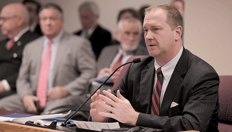 Missouri Attorney General Schmitt testifying to a Missouri House committee (photo by Tim Bommel, Missouri House Communications)