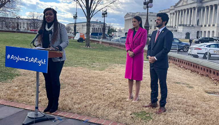 Rep. Cori Bush, D-Mo., speaks at a U.S. Capitol press conference on the Title 42 immigration policy (Photo by Ariana Figeuroa - States Newsroom)