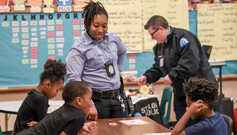 St. Louis Metropolitan Police officers in the juvenile unit visit with St. Louis Public Schools students (Photo courtesy St. Louis Police Department)
