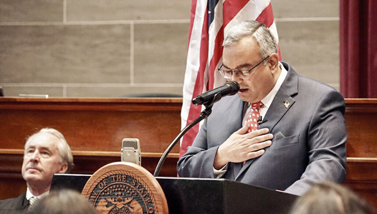 Vivek Malek speaks in the Missouri House chamber on Jan. 17, 2023, after being sworn in as State Treasurer (Photo courtesy Missouri Governor’s Office)