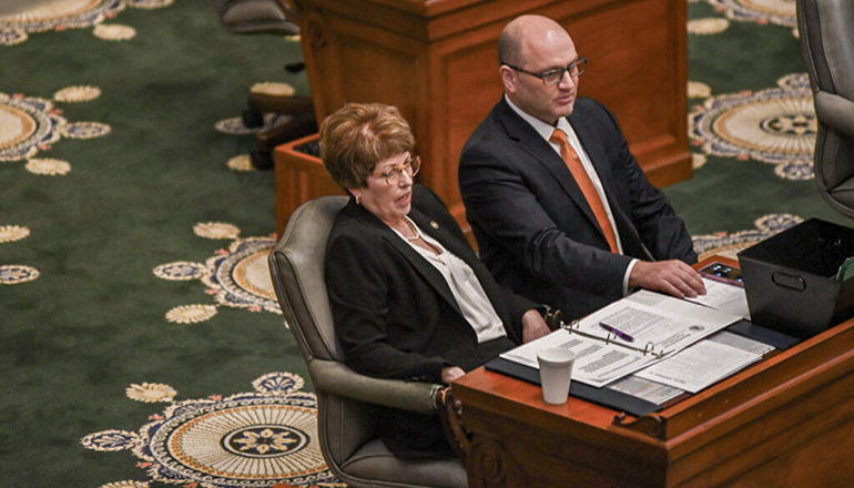 Republican state Sens. Cindy O'Laughlin and Denny Hoskins on the Senate floor (Photo by Annelise Hanshaw - Missouri Independent)