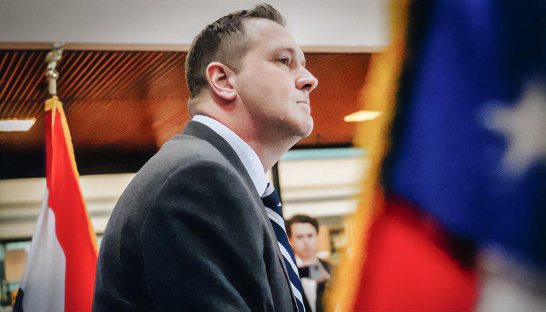 Eric Schmitt answers questions during a press conference after filing to run in the Missouri Senate (Photo by Madeline Carter - Missouri Independent)