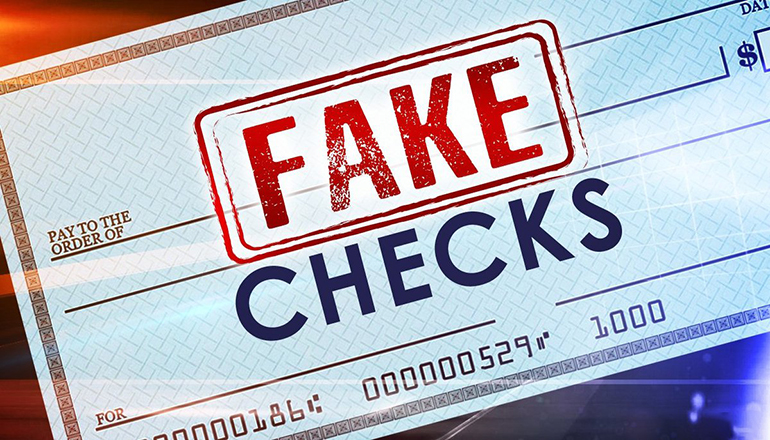 Fake or counterfeit check news graphic