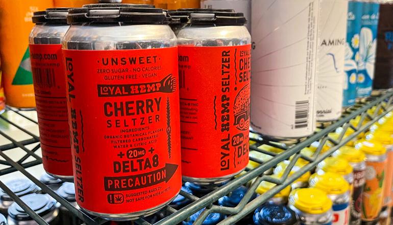 Delta-8 THC products like this cherry seltzer can be sold in stores in Missouri because the intoxicating ingredient, THC. (Photo by Revecca Rivas - Missouri Independent)