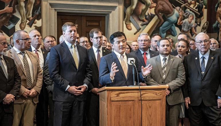 House Majority Leader Jon Patterson, R-Lee's Summit, speaks in a press conference (Photo by Annelise Hanshaw - Missouri Independent)