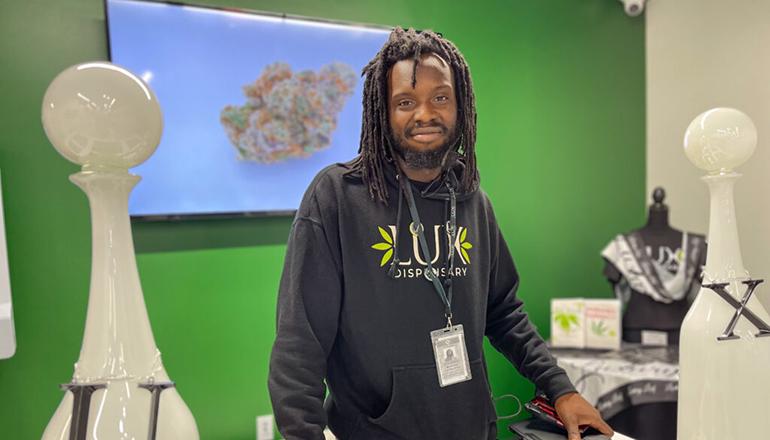 Marcus Kerr started as a budtender and specialist at Luxury Leaf dispensary in St. Louis (Photo credit Rebecca Rivas- Missouri Independent)