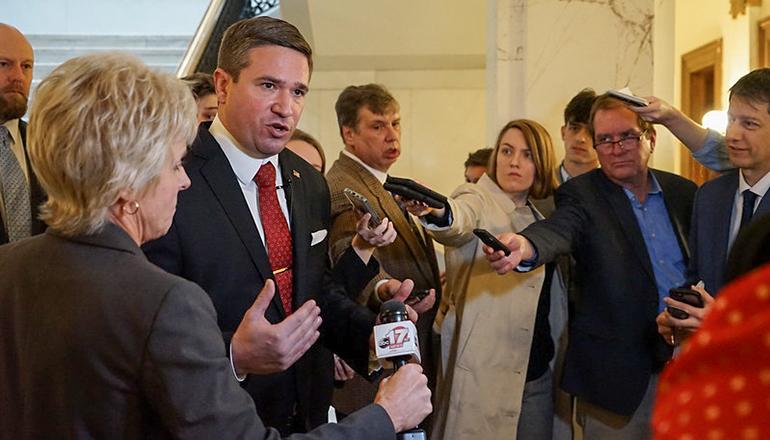 Missouri Attorney General Andrew Bailey speaks to reporters after being sworn into office on Jan. 3. 2023 (photo courtesy of Missouri Governor’s Office)